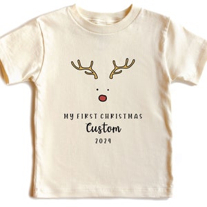 Camiseta navideña de reno, camiseta de mi primera Navidad, camiseta de la primera Navidad del bebé, camisetas personalizadas para niños, camiseta navideña con nombre personalizado