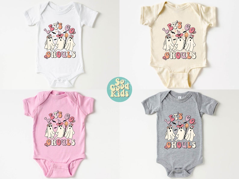 May include: Four baby onesies with different colored backgrounds. The onesies feature a graphic of three ghosts with a witch hat and the text "Let's Go Ghouls".