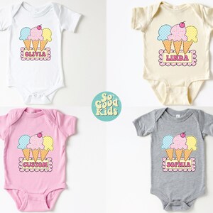 May include: Four baby onesies with a graphic of three ice cream cones with a cherry on top. The onesies are white, beige, pink, and gray. The text on the onesies reads "Olivia", "Linda", "Custom", and "Sophia".
