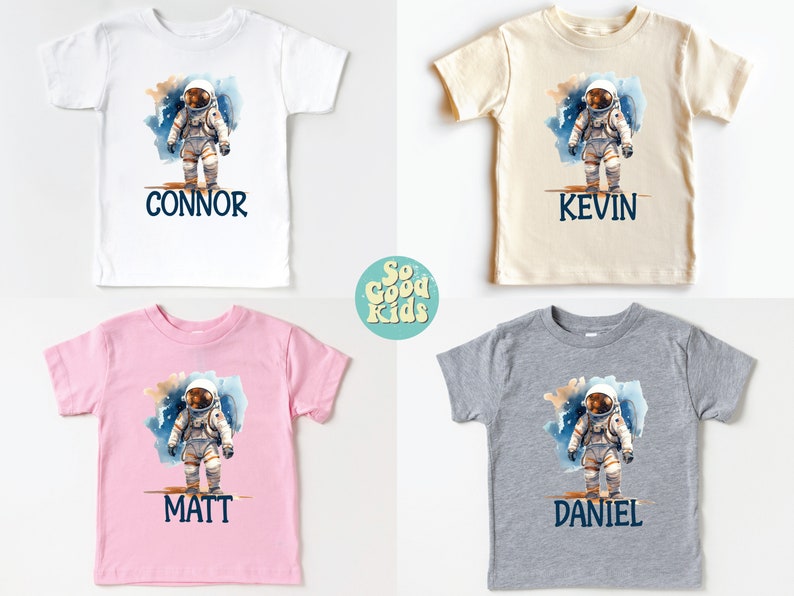 May include: Four personalized t-shirts featuring a watercolor illustration of an astronaut on a planet with the names Connor, Kevin, Matt, and Daniel printed below.