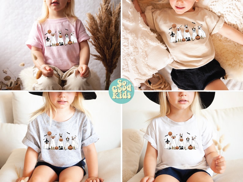 Puede incluir: Cuatro ni&ntilde;os visten camisetas de diferentes colores con un gr&aacute;fico de perros disfrazados con trajes de Halloween. El texto "So Good Kids" est&aacute; en el centro de la imagen.