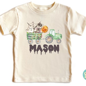 Green Tractor Halloween Shirt, Custom Name Shirt, Toddler Shirt, Kindergarten Shirt, Fall Pumpkin Kids Shirt, Candy Ghost Tractor Shirt