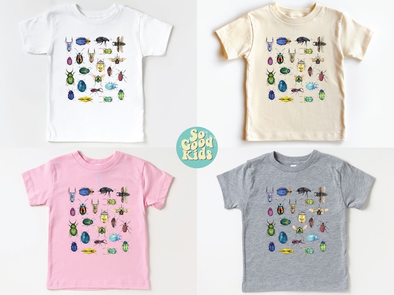 May include: Four toddler-sized t-shirts with a colourful bug pattern. The shirts are white, beige, pink, and grey. The text "So Good Kids" is visible in the centre of the image.