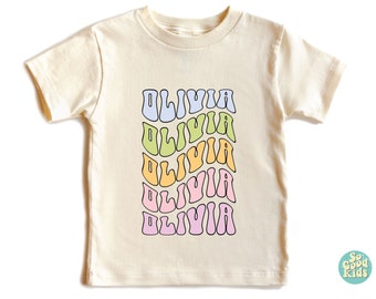 Personalized Named Shirt, Colorful Rainbow Waved, Custom Name T-Shirt, Retro Top, Gift For Kids
