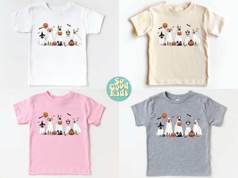 Puede incluir: Cuatro camisetas de tama&ntilde;o para ni&ntilde;os peque&ntilde;os con un gr&aacute;fico de Halloween de perros disfrazados de fantasmas. Las camisetas son de color blanco, beige, rosa y gris.