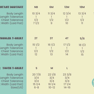 May include: A chart with size information for infant bodysuits, toddler t-shirts, and youth t-shirts. The chart includes measurements for body length, body length tolerance, chest tolerance, and chest width (laid flat). The chart also includes the corresponding US sizes for each garment.