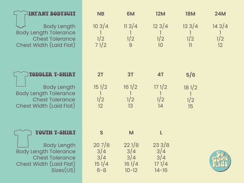 May include: A chart with size information for infant bodysuits, toddler t-shirts, and youth t-shirts. The chart includes measurements for body length, body length tolerance, chest tolerance, and chest width (laid flat). The chart also includes the corresponding US sizes for each garment.