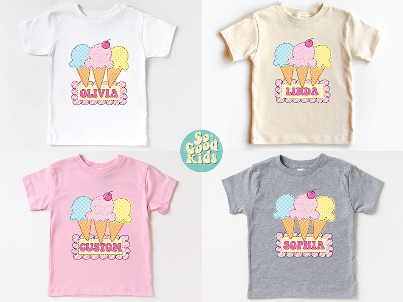 May include: Four toddler t-shirts with a graphic of three ice cream cones with a cherry on top. The shirts are in white, beige, pink, and gray. The shirts have the names Olivia, Linda, Custom, and Sophia printed on them.
