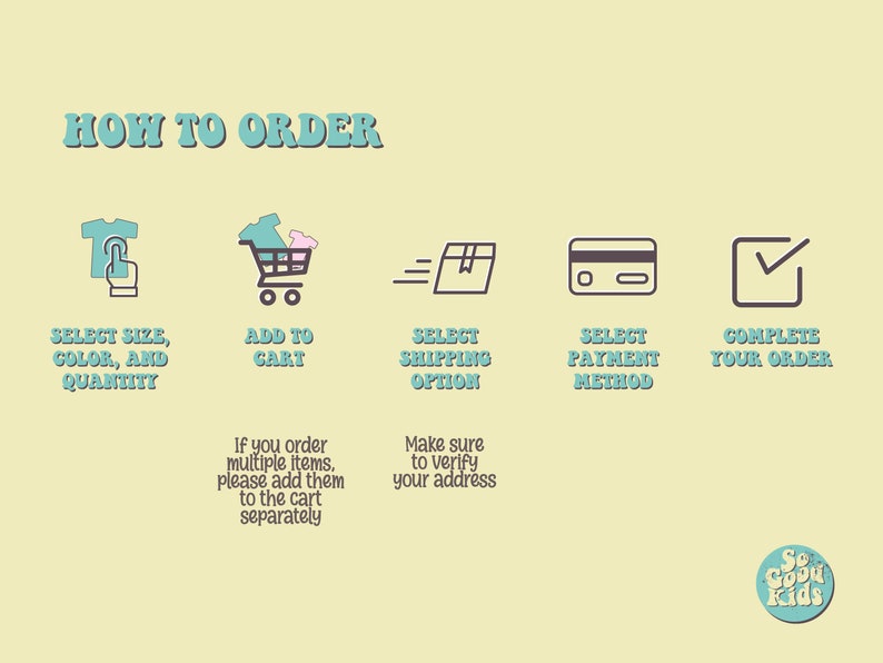 May include: A five-step guide on how to order online. The steps are: select size, color, and quantity; add to cart; select shipping option; select payment method; and complete your order. The text "So Good Kids" is at the bottom of the image.