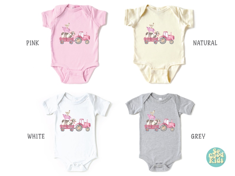 May include: Baby bodysuit in pink, natural, white, and grey. Each bodysuit features a watercolor illustration of a cow, pig, and chicken riding on a pink tractor with a wagon. The text "PINK", "NATURAL", "WHITE", and "GREY" is printed next to each bodysuit.