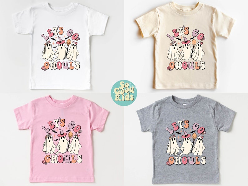 May include: Four different color t-shirts with a graphic of three ghosts wearing witch hats and the text "Let's Go Ghouls".