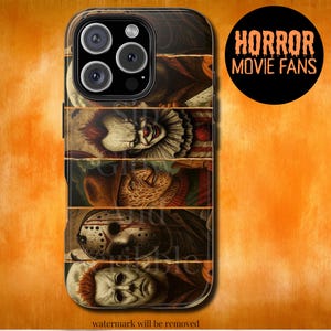 May include: A black phone case featuring a collage of horror movie characters, including Pennywise, Freddy Krueger, and Jason Voorhees. The case has the text "HORROR MOVIE FANS" in a circular design. The bottom of the case has the text "watermark will be removed".