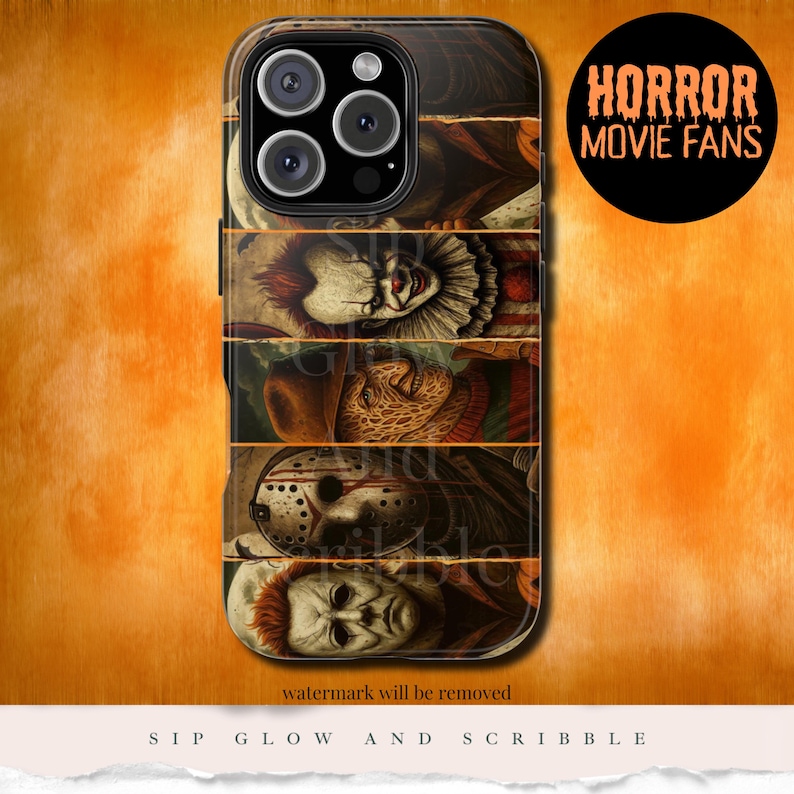 May include: A black phone case featuring a collage of horror movie characters, including Pennywise, Freddy Krueger, and Jason Voorhees. The case has the text "HORROR MOVIE FANS" in a circular design. The bottom of the case has the text "watermark will be removed".