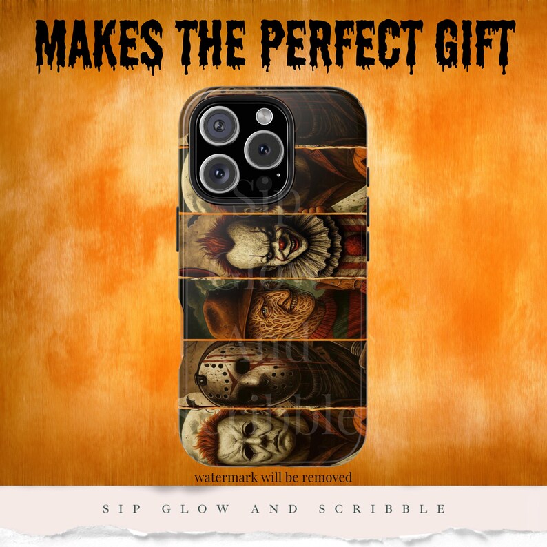 May include: Black phone case featuring horror movie characters. The case has images of Pennywise, Freddy Krueger, Jason Voorhees, and Michael Myers. The text "MAKES THE PERFECT GIFT" is at the top. The bottom text reads "watermark will be removed".