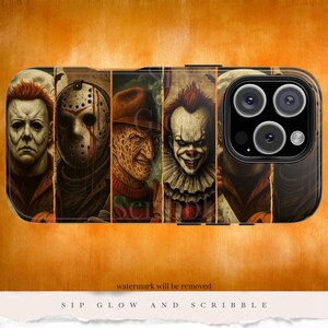May include: A phone case featuring a collage of horror movie characters, including Michael Myers, Jason Voorhees, Freddy Krueger, and Pennywise. The case has a glossy finish and a camera cutout. The bottom of the case has the text "SIP GLOW AND SCRIBBLE".