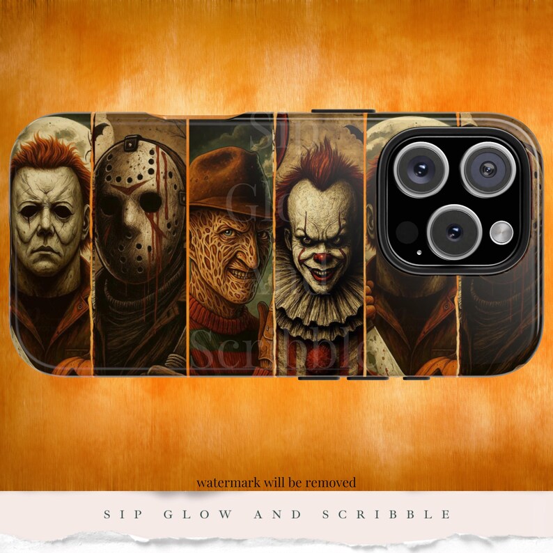 May include: A phone case featuring a collage of horror movie characters, including Michael Myers, Jason Voorhees, Freddy Krueger, and Pennywise. The case has a glossy finish and a camera cutout. The bottom of the case has the text "SIP GLOW AND SCRIBBLE".