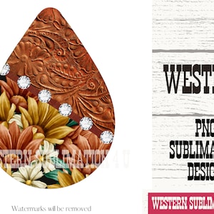 Tooled leather sublimation design PNG for tear drop earrings | western cowboy teardrop earring template | ready to press |