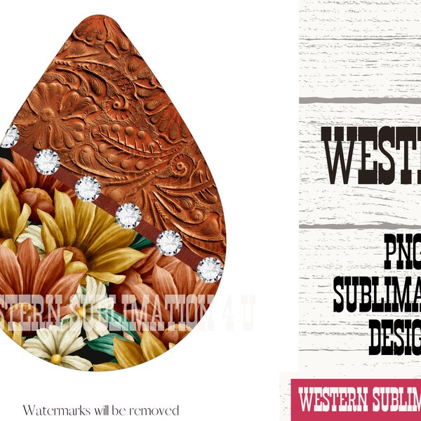 Tooled leather sublimation design PNG for tear drop earrings | western cowboy teardrop earring template | ready to press |