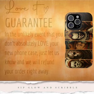 May include: Black phone case featuring horror movie characters. The case has a glossy finish and a design with Pennywise, Freddy Krueger, Jason Voorhees, and Michael Myers. The background is a gradient of orange and brown. Text on the image says "Love it GUARANTEE".