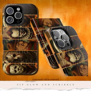 May include: A phone case featuring a collage of horror movie characters, including Pennywise, Freddy Krueger, and Michael Myers. The design is segmented into horizontal panels with a distressed, vintage aesthetic. The case is shown from multiple angles.