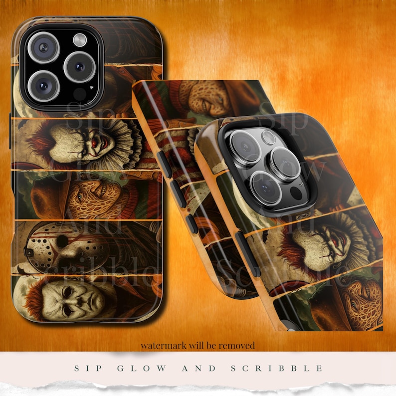 May include: A phone case featuring a collage of horror movie characters, including Pennywise, Freddy Krueger, and Michael Myers. The design is segmented into horizontal panels with a distressed, vintage aesthetic. The case is shown from multiple angles.
