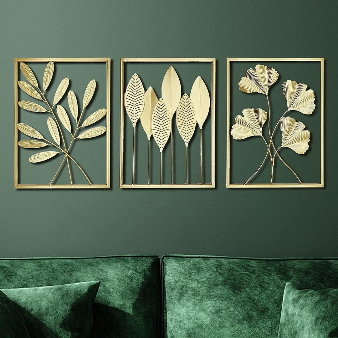 Set of 3 Gold Metal Wall Art Metal Leaf Wall Art Living Etsy