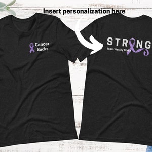 Personalized Testicular Cancer Awareness Team Short Sleeve T-shirt with Cancer Sucks and Purple Ribbon