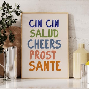 Cheers Print, Cheers Salud Cin Cin Prost Sante, plakat na wózek barowy, wystrój domowego baru, modna sztuka ścienna, wystrój apartamentu, sztuka ścienna na wózek barowy