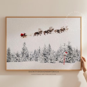 Santa Sleigh Print, Reindeer Print, Winter Landscape Print, Snowy Trees Print, Christmas Wall Decor, Christmas Printable Art, Santa Print