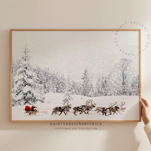 Santa sleigh print, Reindeer print, Winter landscape print, Snowy trees print, Christmas wall decor, Christmas printable art, Santa print