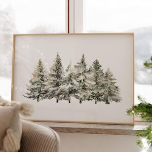 Snowy trees wall art, Watercolor Christmas trees print, Snow covered trees, Winter wall art, Christmas prints, Christmas printable wall art