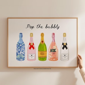 Champagne Bottles Print, Pop The Bubbly Print, Champagne Poster, Girly Bar Cart Decor, Apartment Wall Art, Bar Cart Decor, Trendy Bar Decor