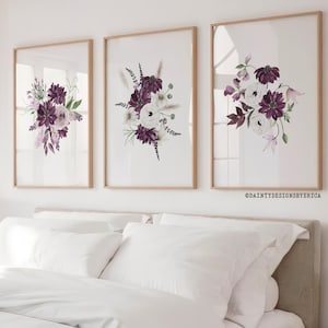 Floral prints set of 3, Purple watercolor flowers printable wall art, Watercolor floral prints, Purple flower prints, Bedroom wall art