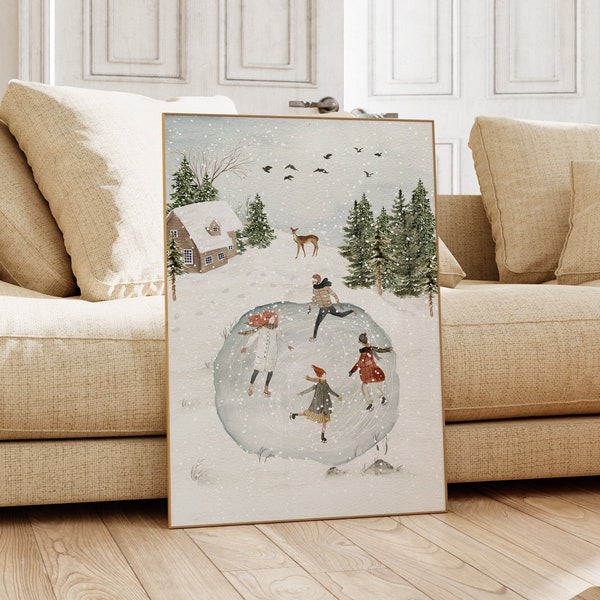 Winter forest print, Ice skating print, Snowy trees print, Winter wall art, Rustic Christmas, Vintage Christmas print, Winter landscape
