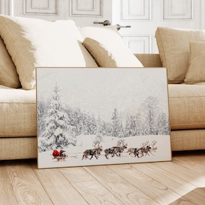 Santa sleigh print, Reindeer print, Winter landscape print, Snowy trees print, Christmas wall decor, Christmas printable art, Santa print