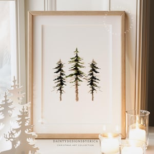 Rustic Christmas print, Winter trees print, Neutral Christmas decor, Winter wall art, Farmhouse Christmas decor, Watercolor Pine Trees print