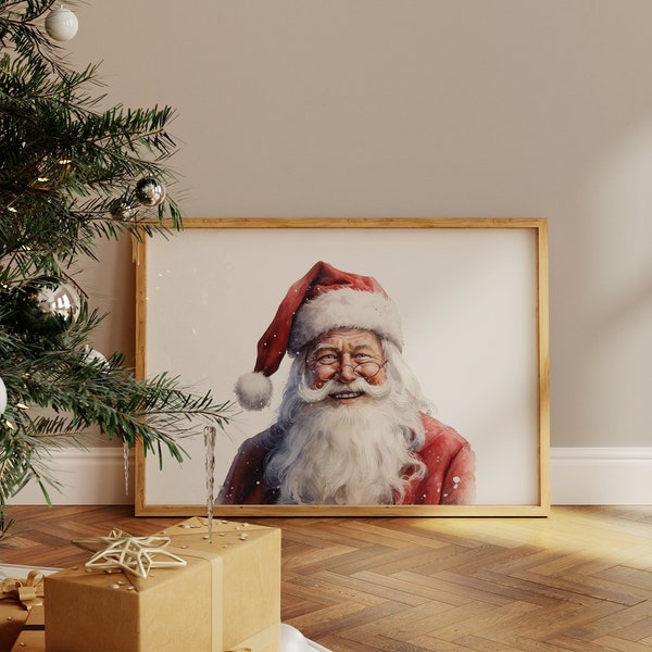 Santa print, Christmas printable wall art, Watercolor Santa print, Above mantel Christmas decor, Vintage Santa print, Vintage Christmas