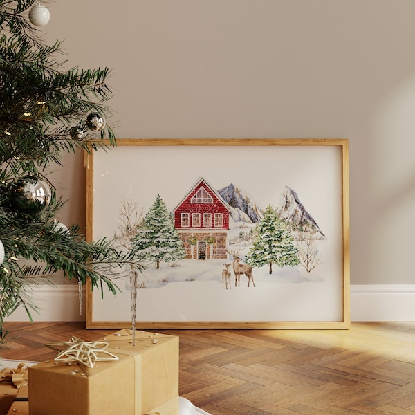 Winter Landscape print, Winter wall art, Winter prints, Winter deer print, Snowy winter scene print, Christmas printable wall art