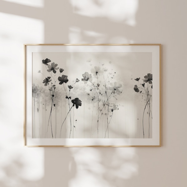 Black floral art print, Neutral floral art, Botanical wall art, Floral art print, Modern art, Neutral decorative art, Minimal floral print