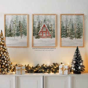 Winter landscape prints set of 3, Winter Forest Print, Christmas trees print, Christmas Printable art, Holiday Wall Art, Winter Prints