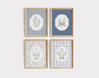 Set of 4 Blue Floral Botanical Prints, Vintage Cottagecore Gallery Wall Art (Digital Download)