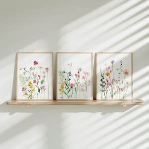 May include: Three framed watercolour prints of wildflowers in various colours, including pink, yellow, and purple. The prints are displayed on a light-coloured wooden shelf against a white wall. The frames are a light wood colour.
