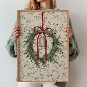 Cottagecore Christmas Print, Vintage Christmas Wreath Wall Art, Rustic Winter Decor, Farmhouse Christmas Decor, Christmas Wreath Printable