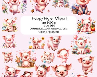 Happy Piglet Clipart Bundle: Farm Animal PNG Files (Digital Download)