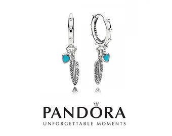 Brand New Pandora Silver  Turquoise Hearts & Feather Hoop Earrings S925 297205EN168