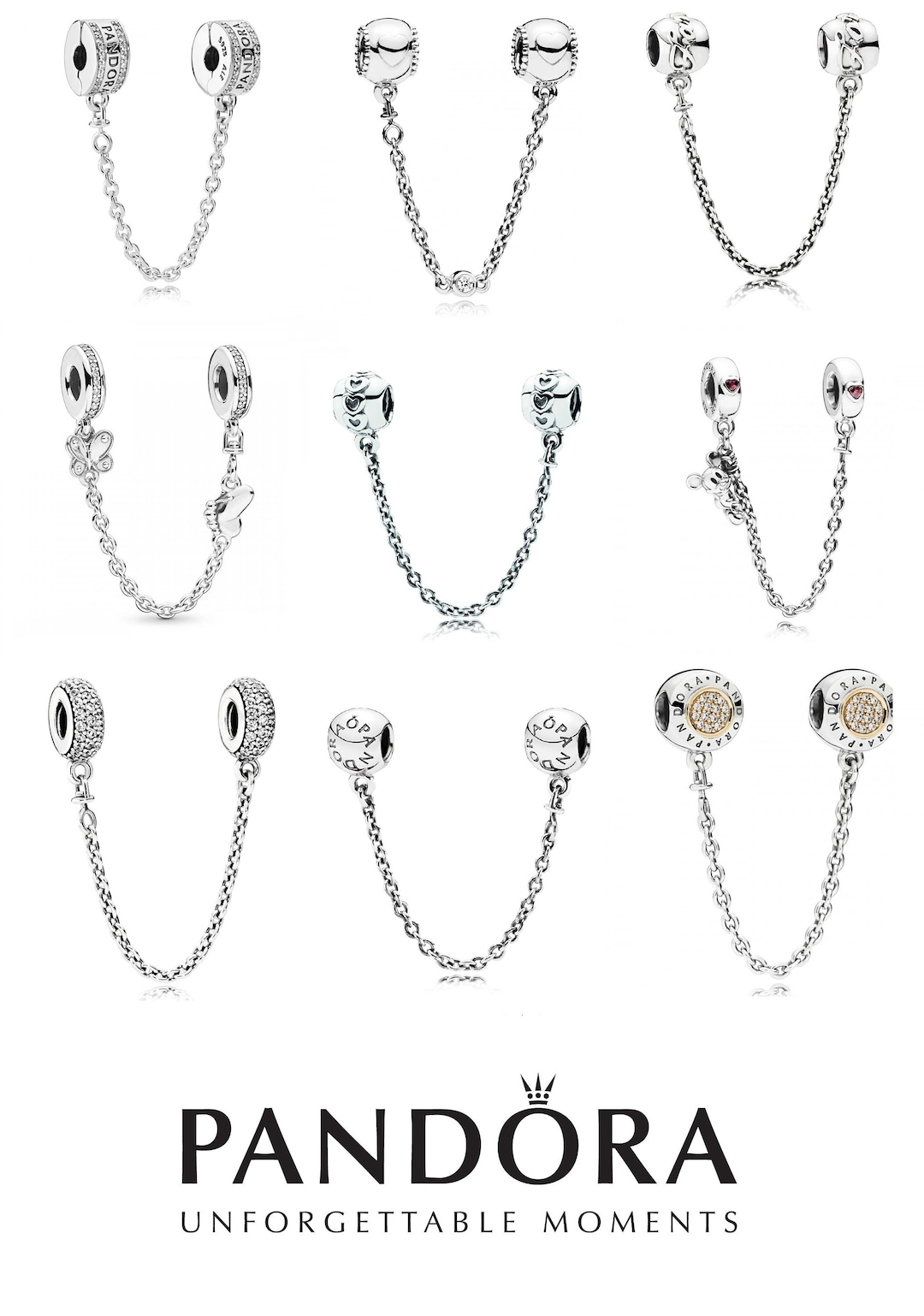 PANDORA Silver Safety Chain Collection All 5cm Length Clip on Screw on