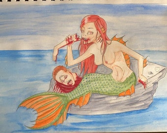 Cannibal Mermaid- Original 7in x 10in piece (Frame included)