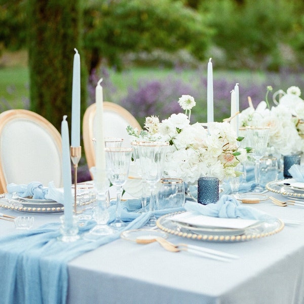 Light Blue wedding table cloth, Sky Blue gauze table runner, Chic baby shower party, Canopy for a wooden wedding arch, Light rustic wedding