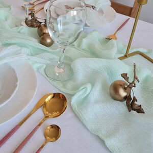 Soft mint green table rustic wedding runner cheesecloth table decor boho wedding centerpiece pastel event table styling fabric