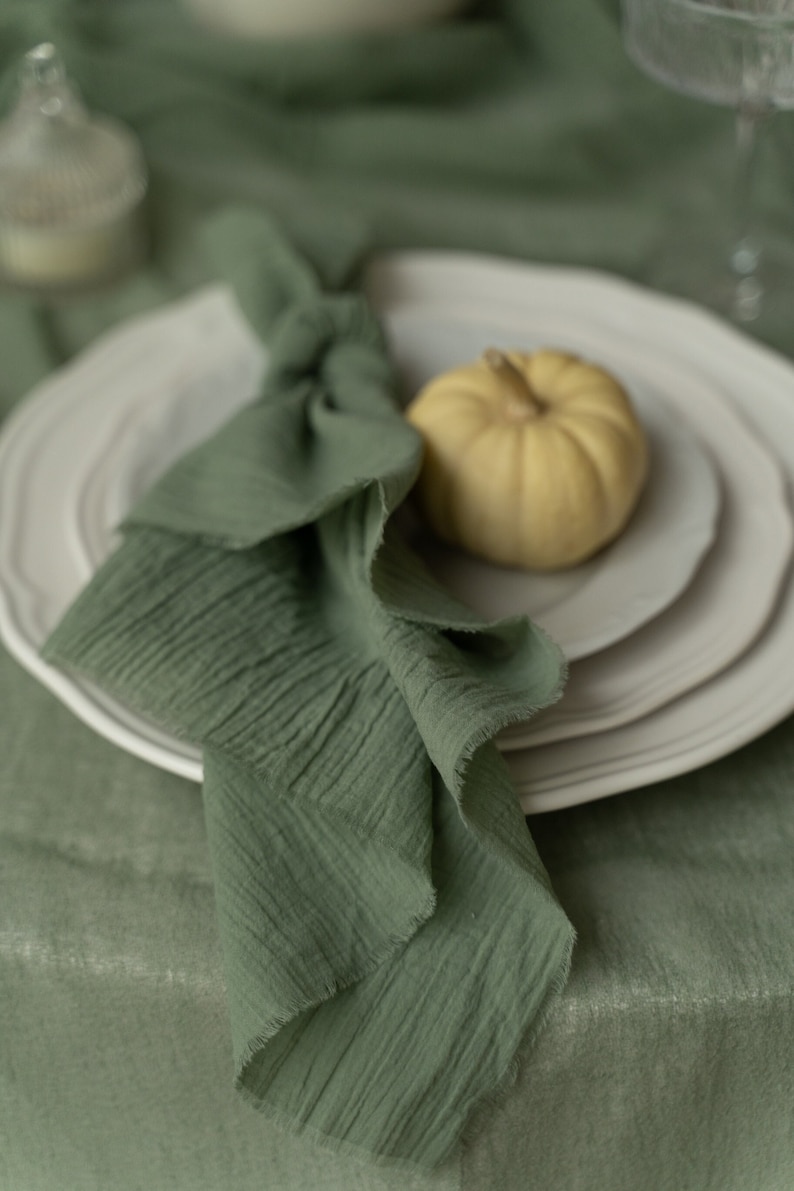 Olive Cheese cloth napkins set, Gauze napkins set, Olive Green decor for your wedding table runner. image 5